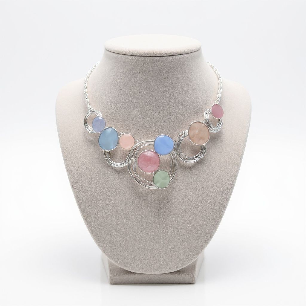 Silver tone choker necklace with multicoloured Pastel enamel disks 9″ Adjustable
