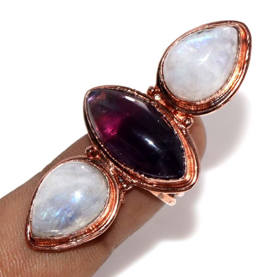 Copper Plated Long Natural Amethyst Three-Stone Rainbow Moonstone Ring US 4.5 GW