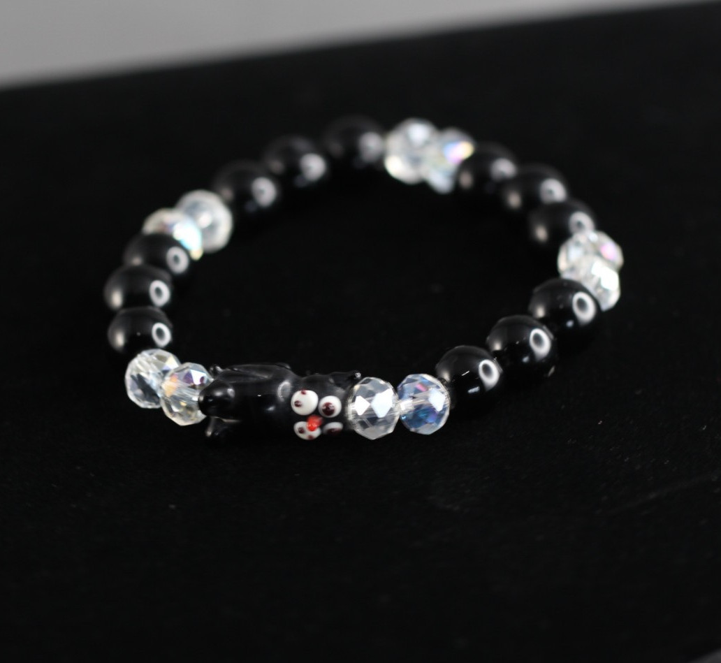 Black Cat Lampwork Bracelet 7″ Elastic Glass Beads Crystal Black Onyx Felix