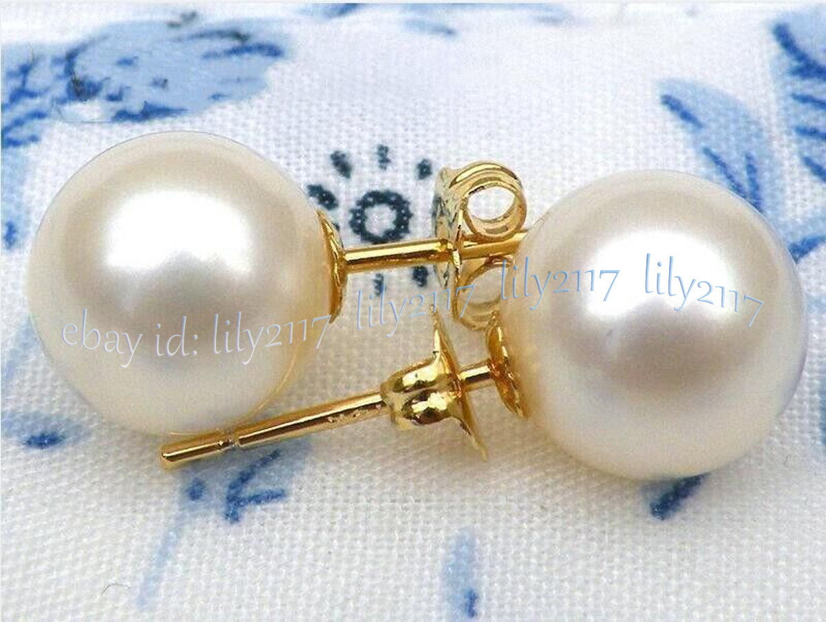 PERFECT AAA++ NATURAL REAL WHITE ROUND PEARL STUD EARRINGS 14K GOLD
