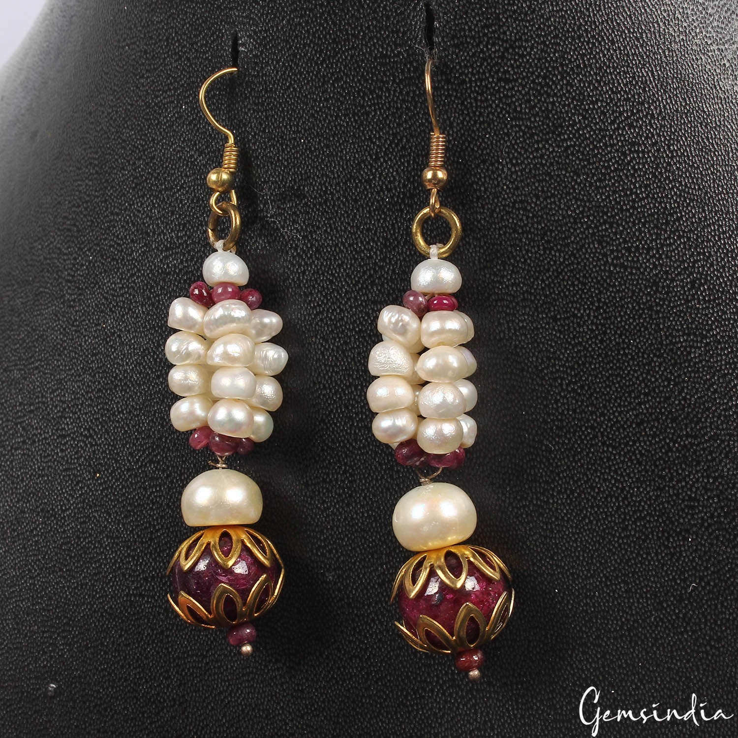 Handmade Natural Ruby Pearl Round Cabochon Gemstone Beaded Necklace Earrings~22″