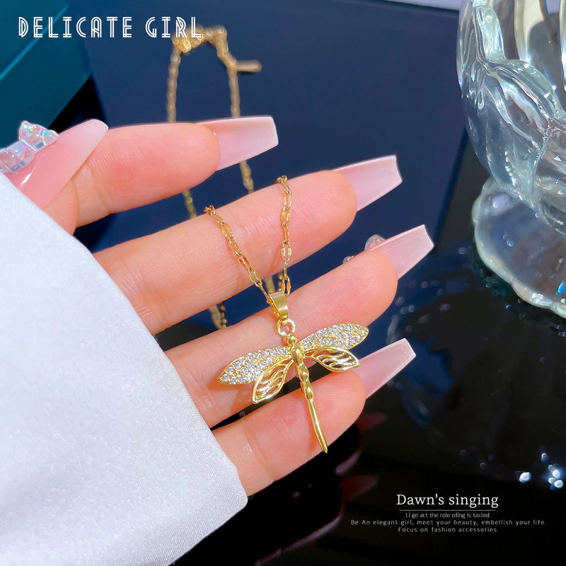 Women’s Fashion Jewelry Gold Cubic Zircon Dragonfly Pendant Necklace 427