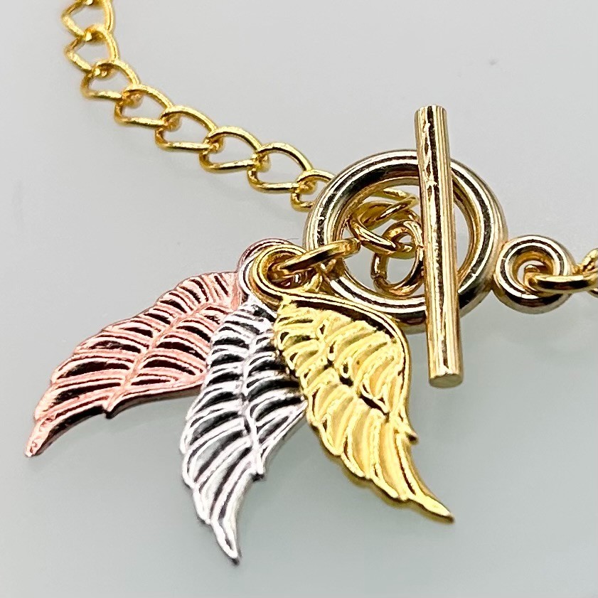 Mini Angel Wing Triple Pendant T-Bar Bracelet (Gold Chain) New Handmade