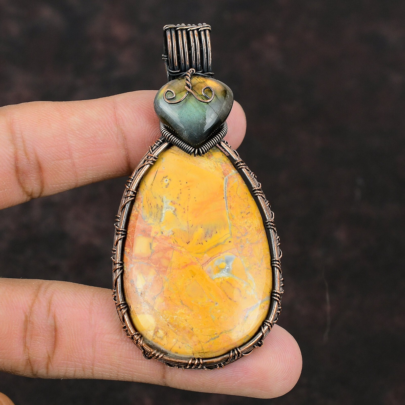Gift For Her Copper Maligano Jasper Gemstone Jewelry Wire Wrapped Pendant 3.07″