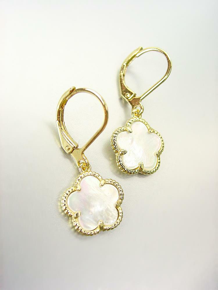 NEW 18kt Gold Plated Mother Pearl Shell Flower Lever Back Petite Dangle Earrings