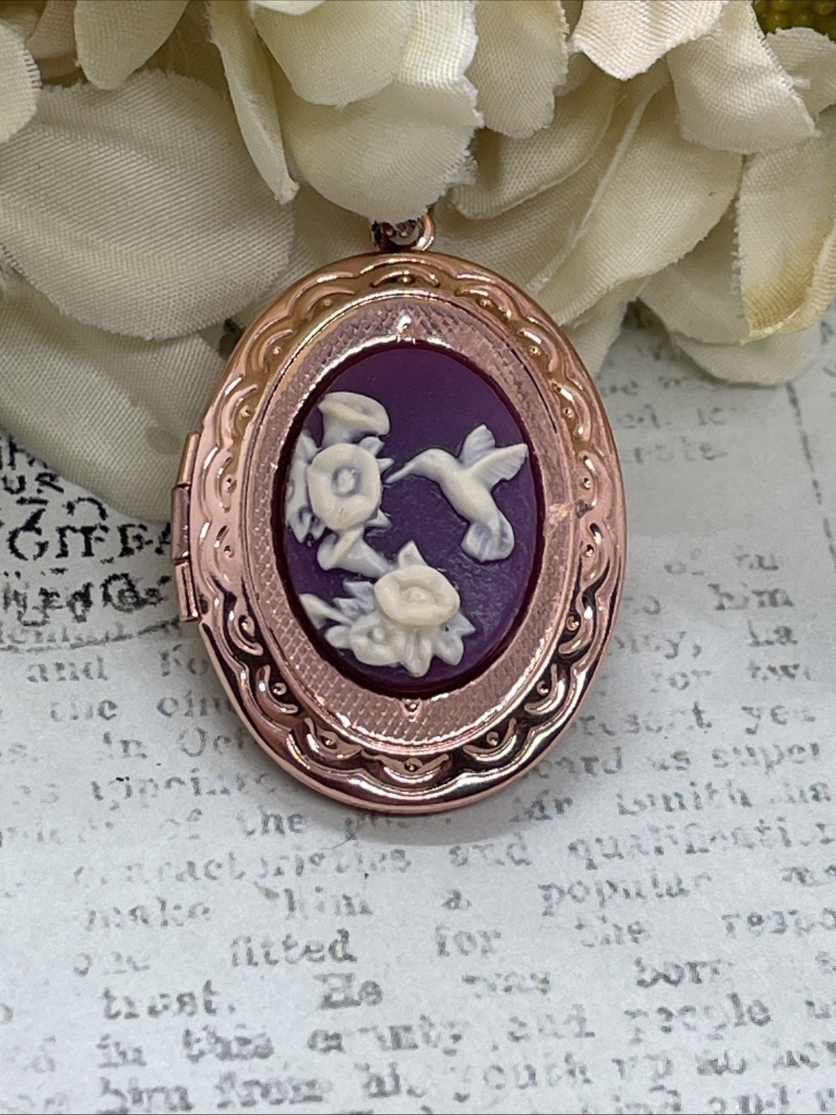 Rose Gold Purple Hummingbird Bird Memorial Locket Necklace Pendant Wedding cameo