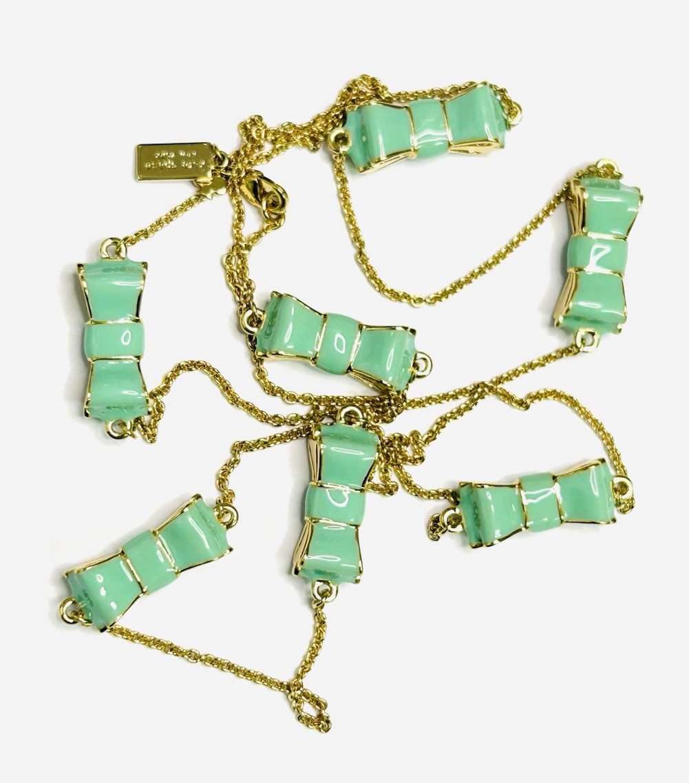 Kate Spade Mint Green Take A Bow Long Scatter Bow Ribbon Necklace EUC Cute!