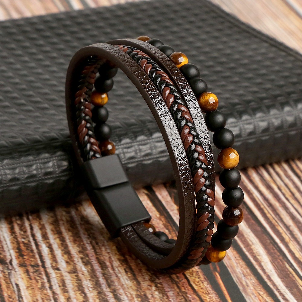 Men’s Tiger Eye Natural Stone Layered Braided Leather Beaded Bracelet