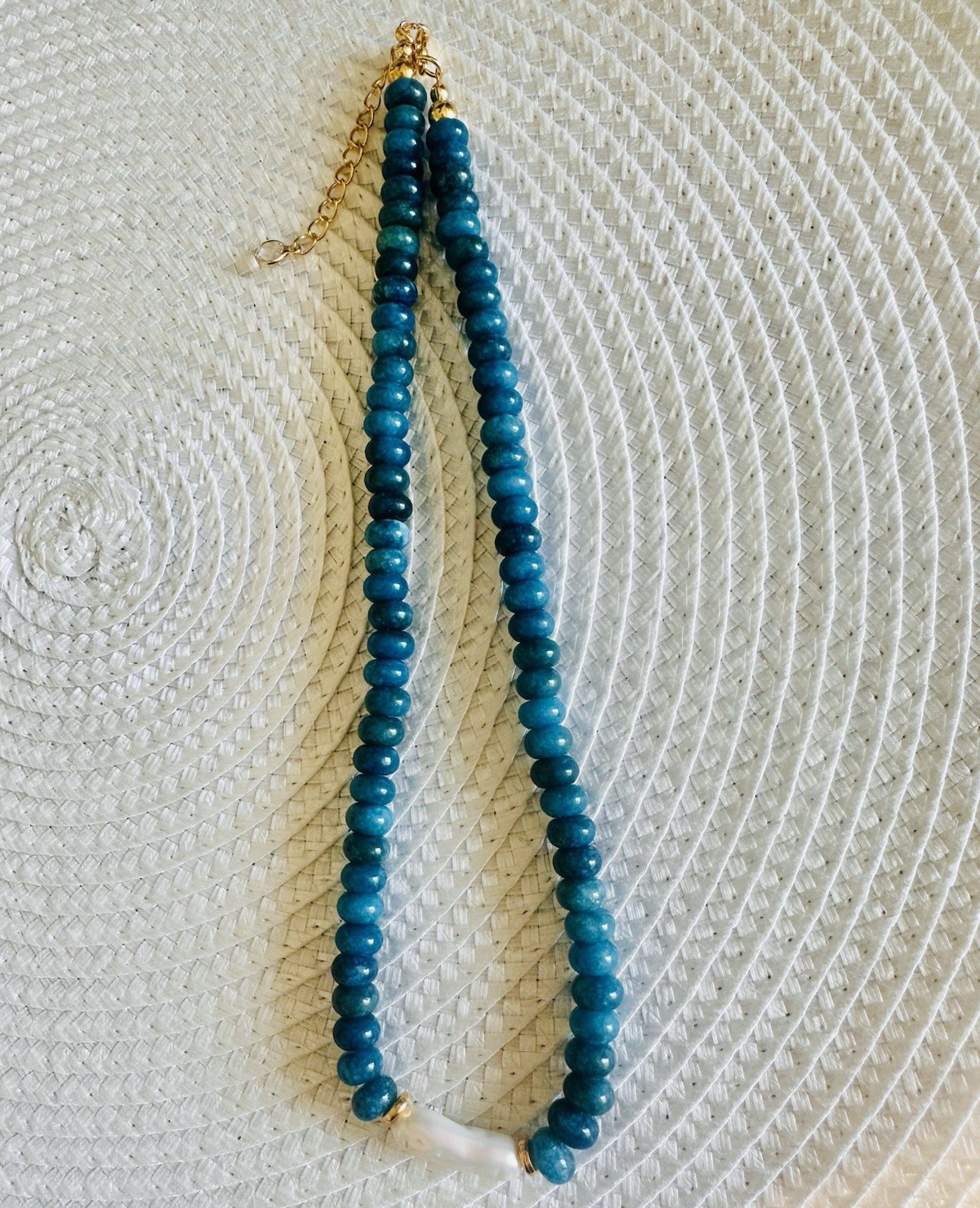 Blue Gold Beaded Necklace White Accent Hook Closure Fashion Jewelry