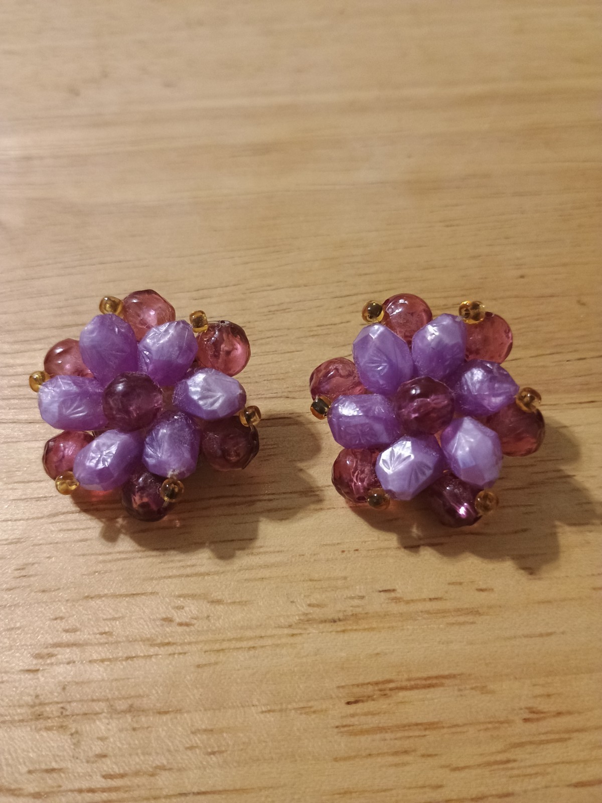 Purple Pink Gold Crystal Cluster Flower Clip-On Earrings, Germany Sourced