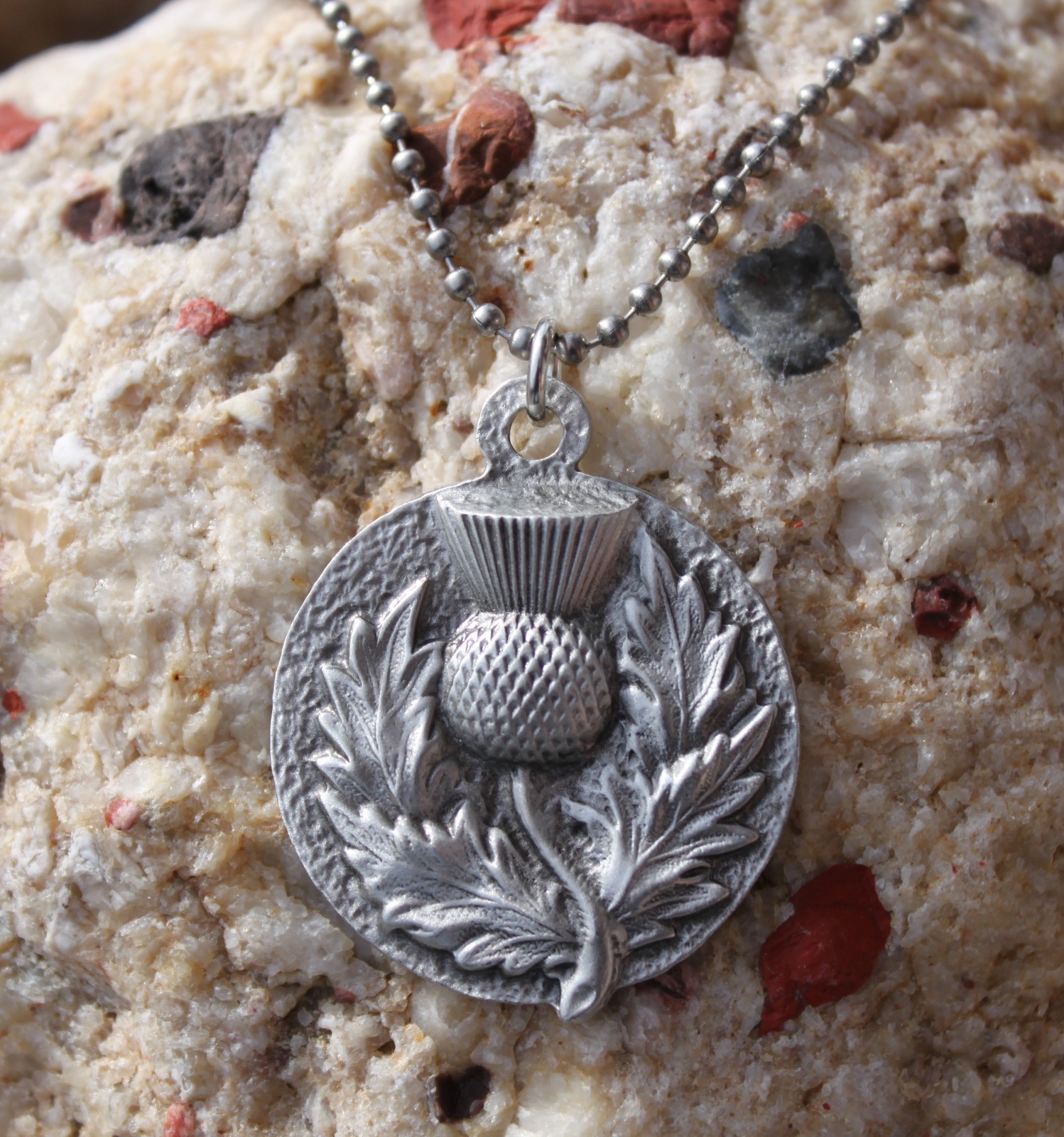 Pewter Thistle Necklace on stainless steel ball chain Flower Jewelry Large NEW