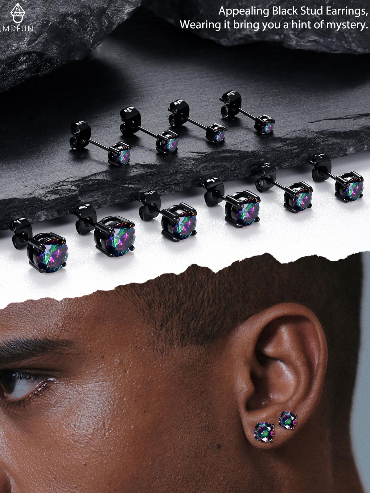 5 Pairs Stud Earrings Set for Men 3-7MM 316L Stainless Steel/Brass Round & Sq…