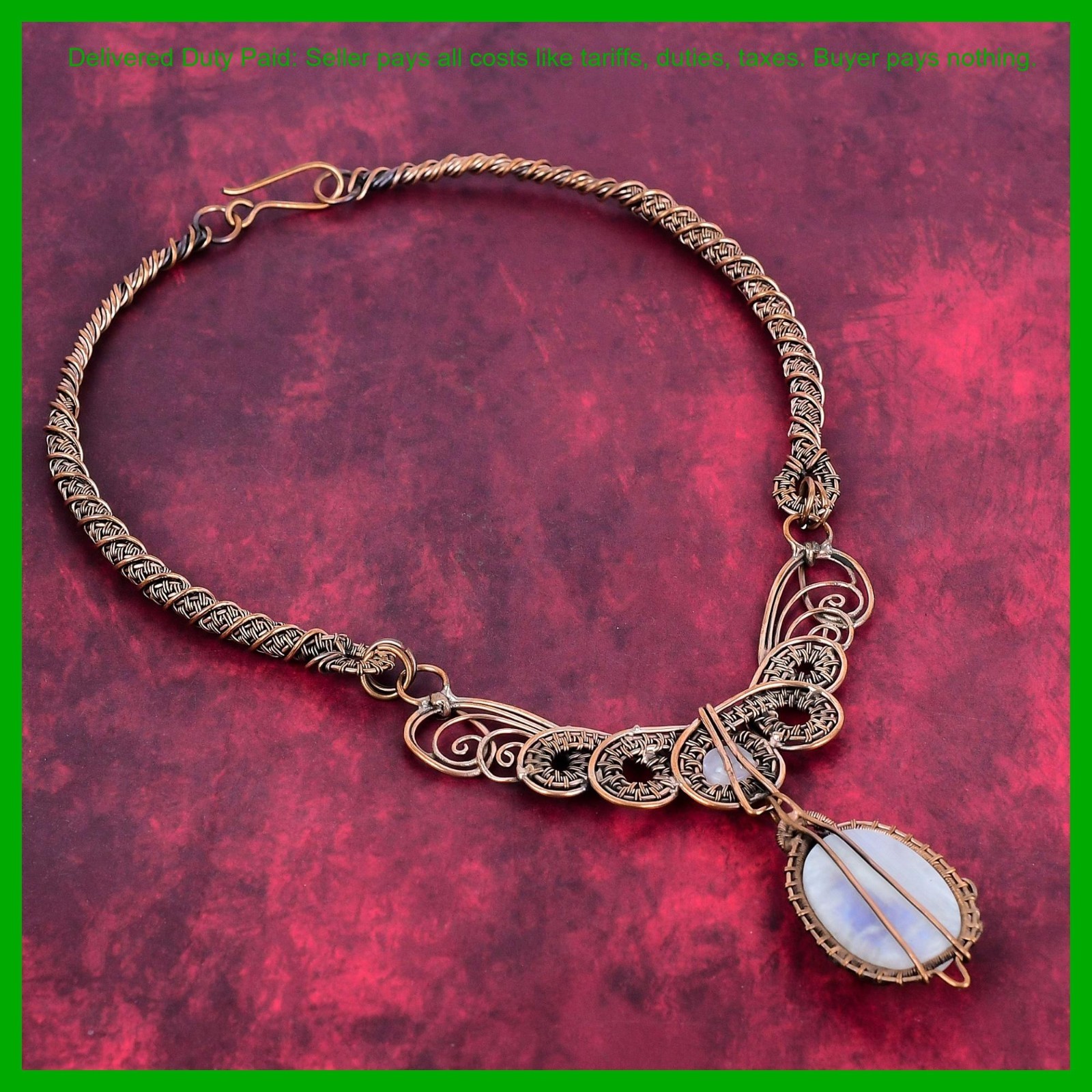 Copper Crown Chakra Rainbow Moonstone Stone Wire Wrapped Chain Necklace Jewelry