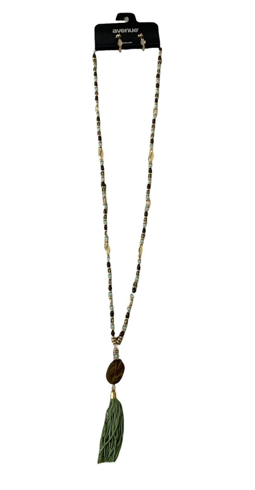 Avenue Long Beaded Necklace and Earrings Set Green/Purple/Gold Tone Tassel 39″