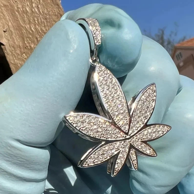 2Ct Round Cut Lab Created Diamond Marijuana Leaf Pendant 14K White Gold Plated
