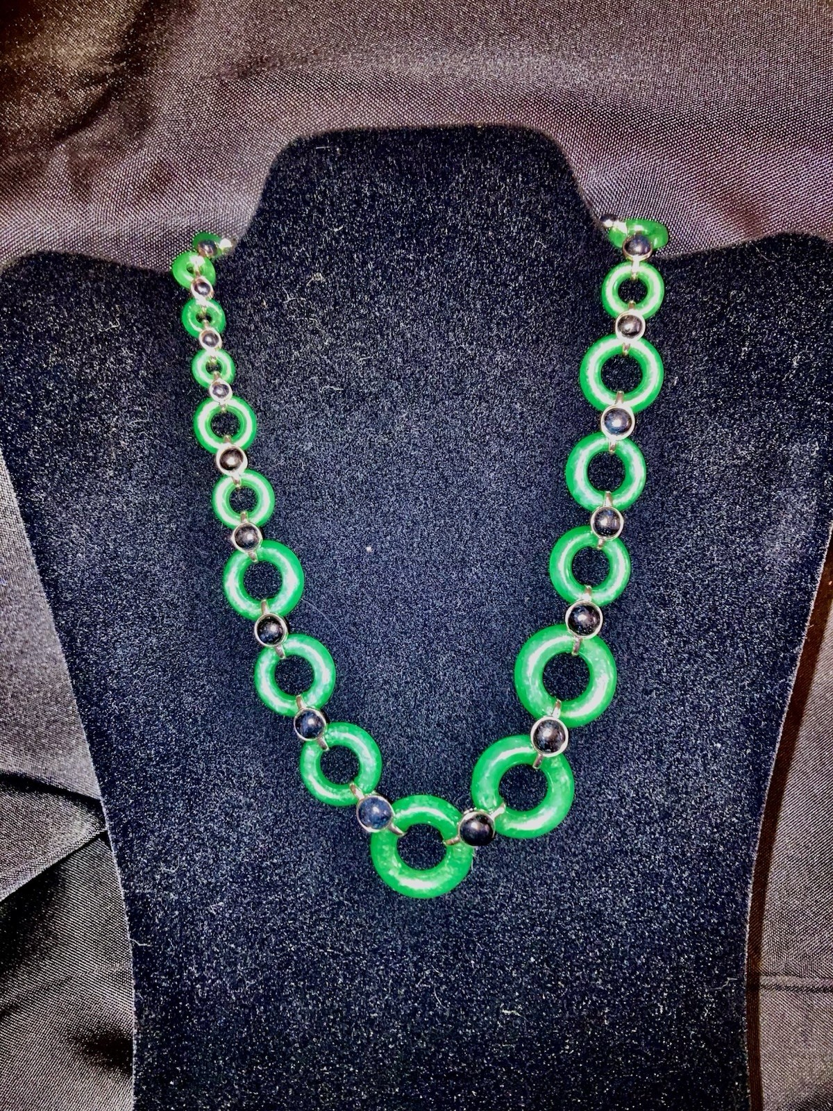 Designer Inspired Green and Black Jade Necklace in Platinum over Sterling Silver