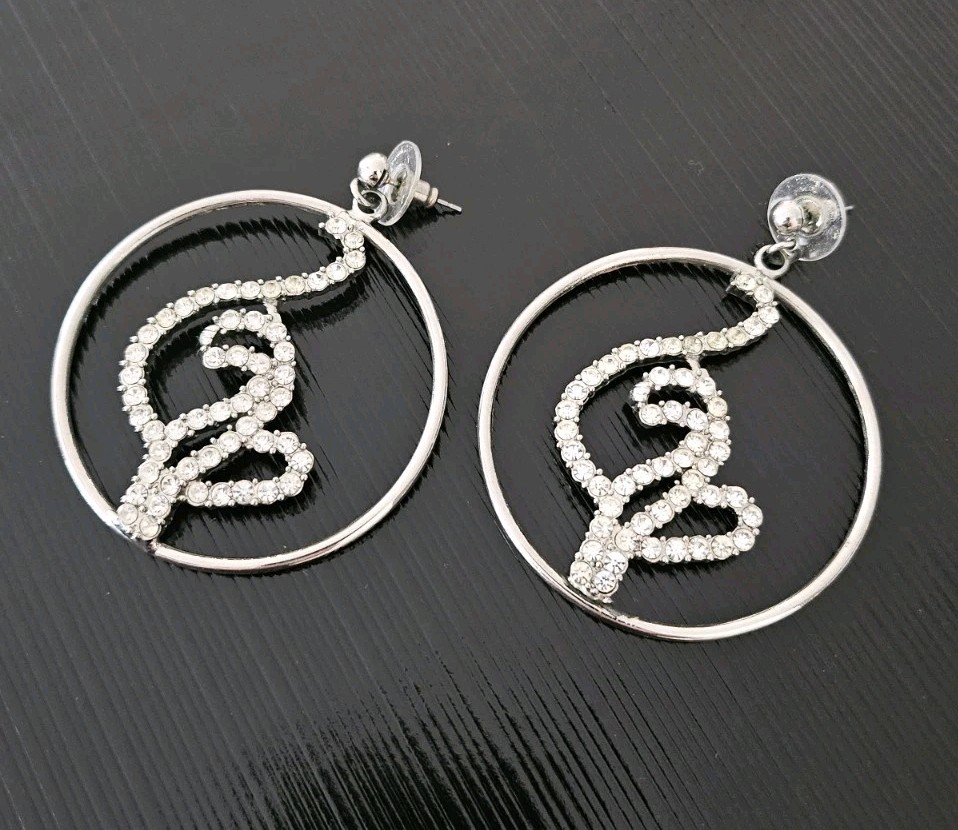 Excellent Pre-owned BABY PHAT Silver Toned HOOPS EARRINGS with Rhinestones