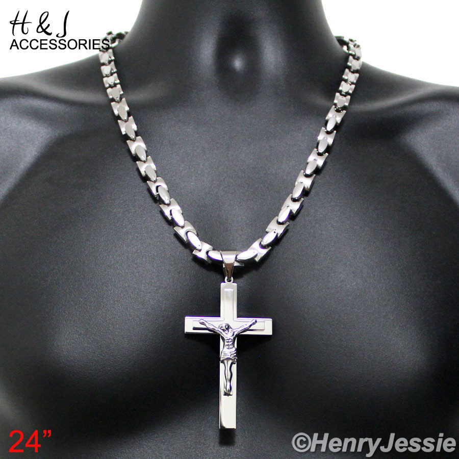 20″24″30″MEN Stainless Steel 8mm Silver Interlock Link Necklace Cross Pendant*J1