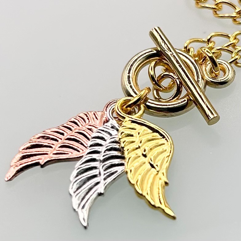 Mini Angel Wing Triple Pendant T-Bar Bracelet (Gold Chain) New Handmade