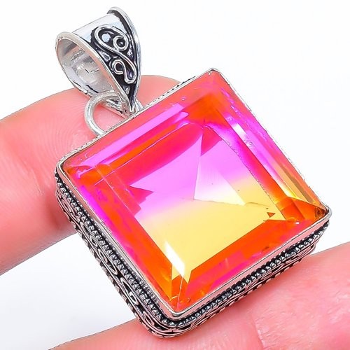 Bi-Color Tourmaline Gemstone 925 Silver Plated Jewelry Pendant 1.6″ T8618