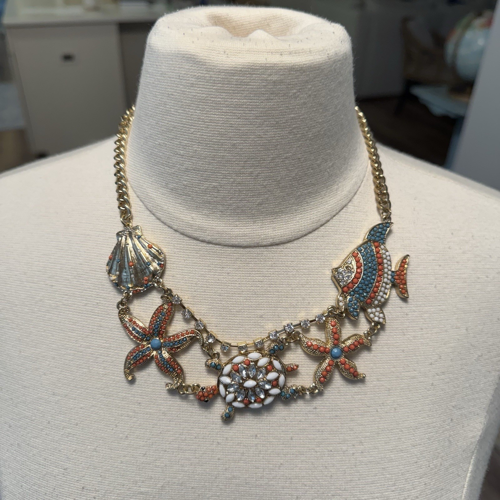Nautical Necklace Statement Shell Fish Coral Gold White Turquoise Beach Tropical