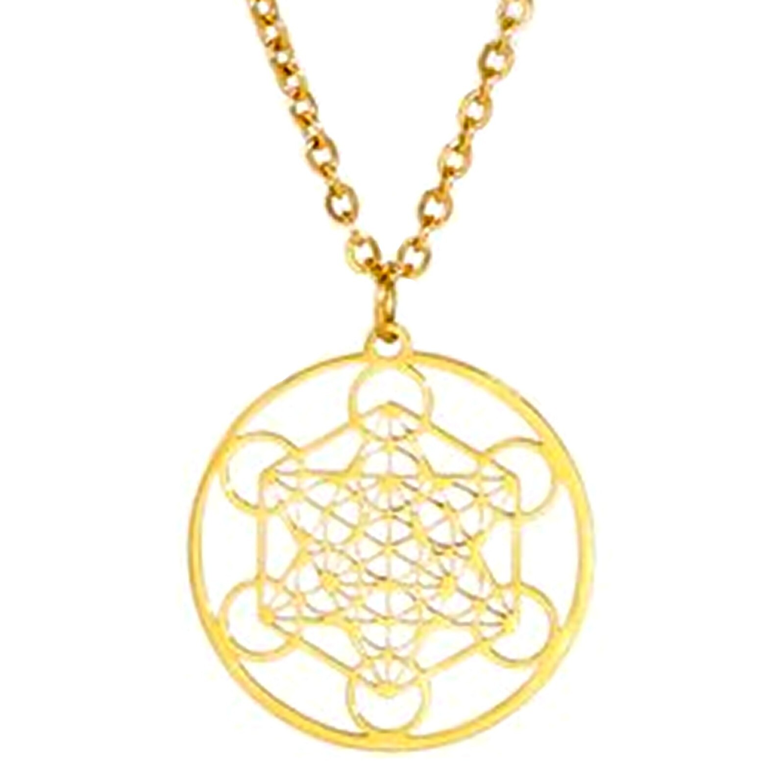 Gold Metatrons Cube Necklace Stainless Steel Sacred Geometry Pendant with Chain