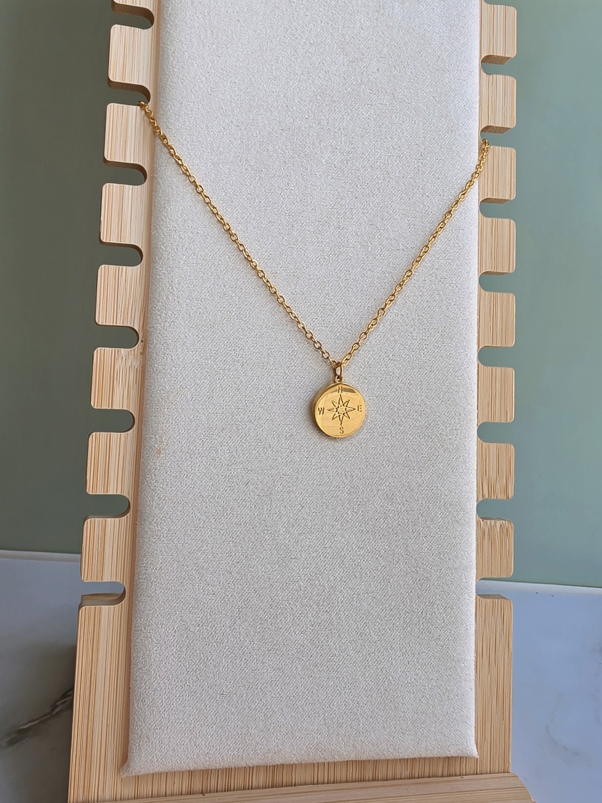 Waterproof Compass Necklace 18K Gold Plated Stainless Steel North Star Pendant