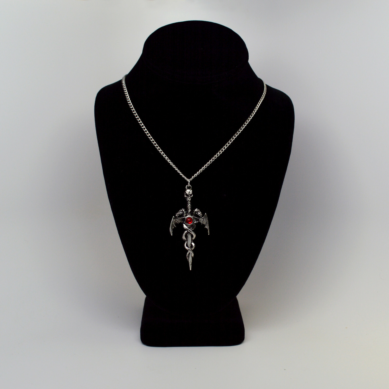 Gothic Skull On Sword with Dragons Silver Finish Pewter Pendant Necklace NK-681