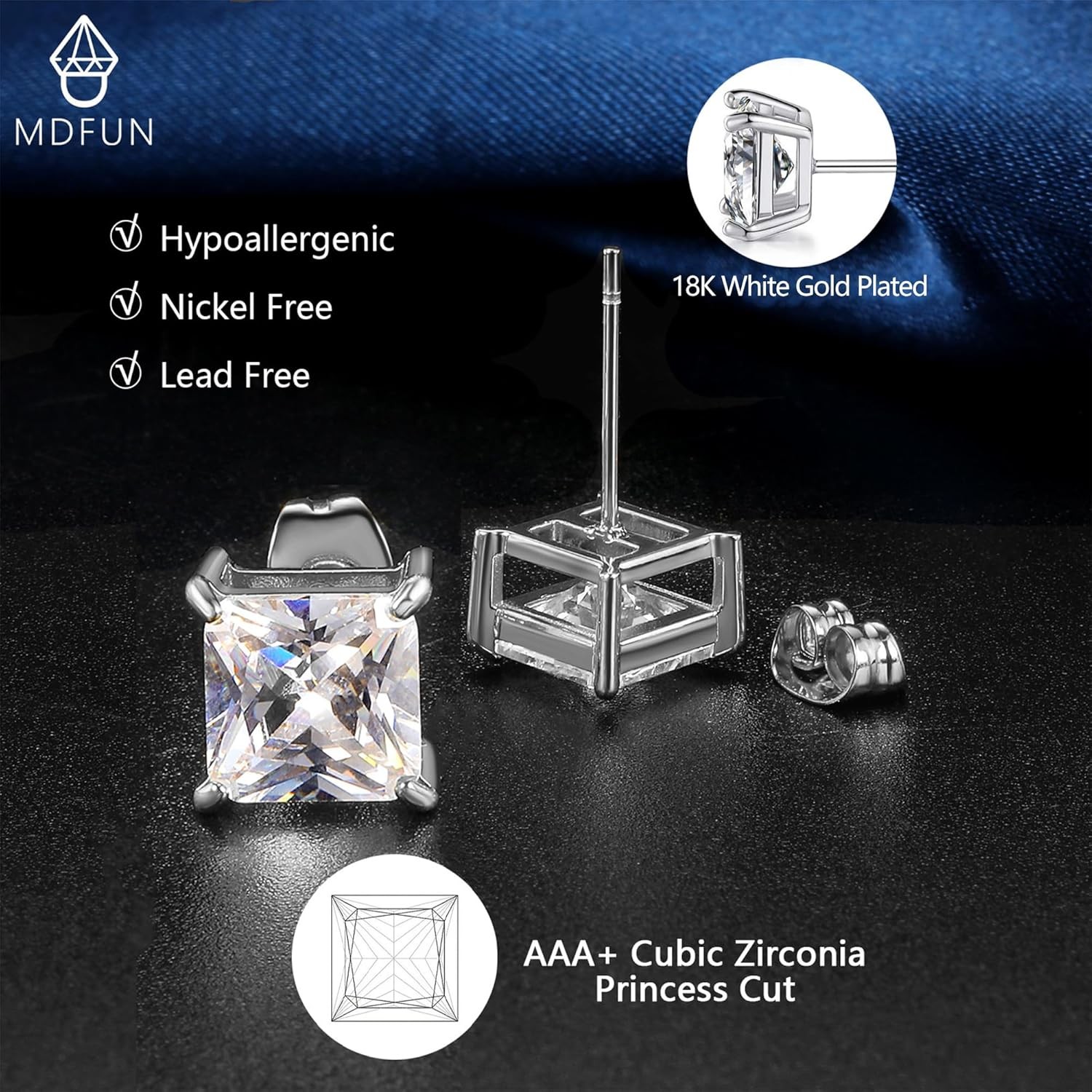 MDFUN 5 Pairs Square Earrings Set for Women Hypoallergenic 18K White Gold/Yellow