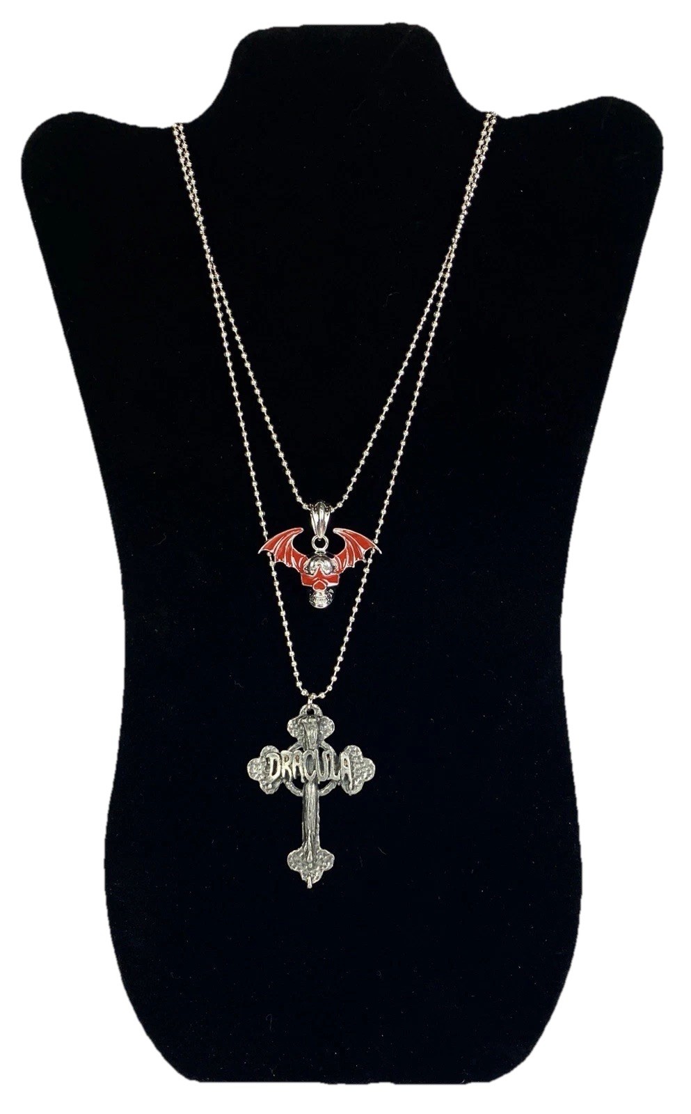 Dracula Cross Skull Vampire Bat Pendants Ball Chain Set of 2 Necklaces a