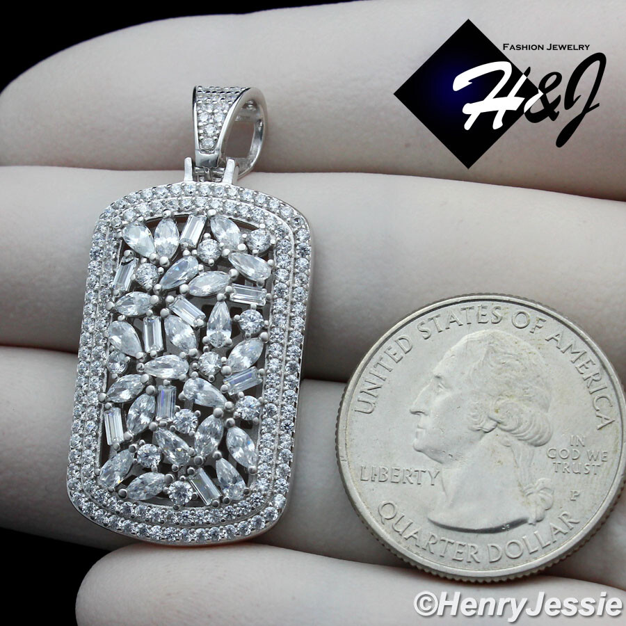 MEN WOMEN SOLID 925 STERLING SILVER ICY BAGUETTE CZ DOG TAG CHARM PENDANT*SP251