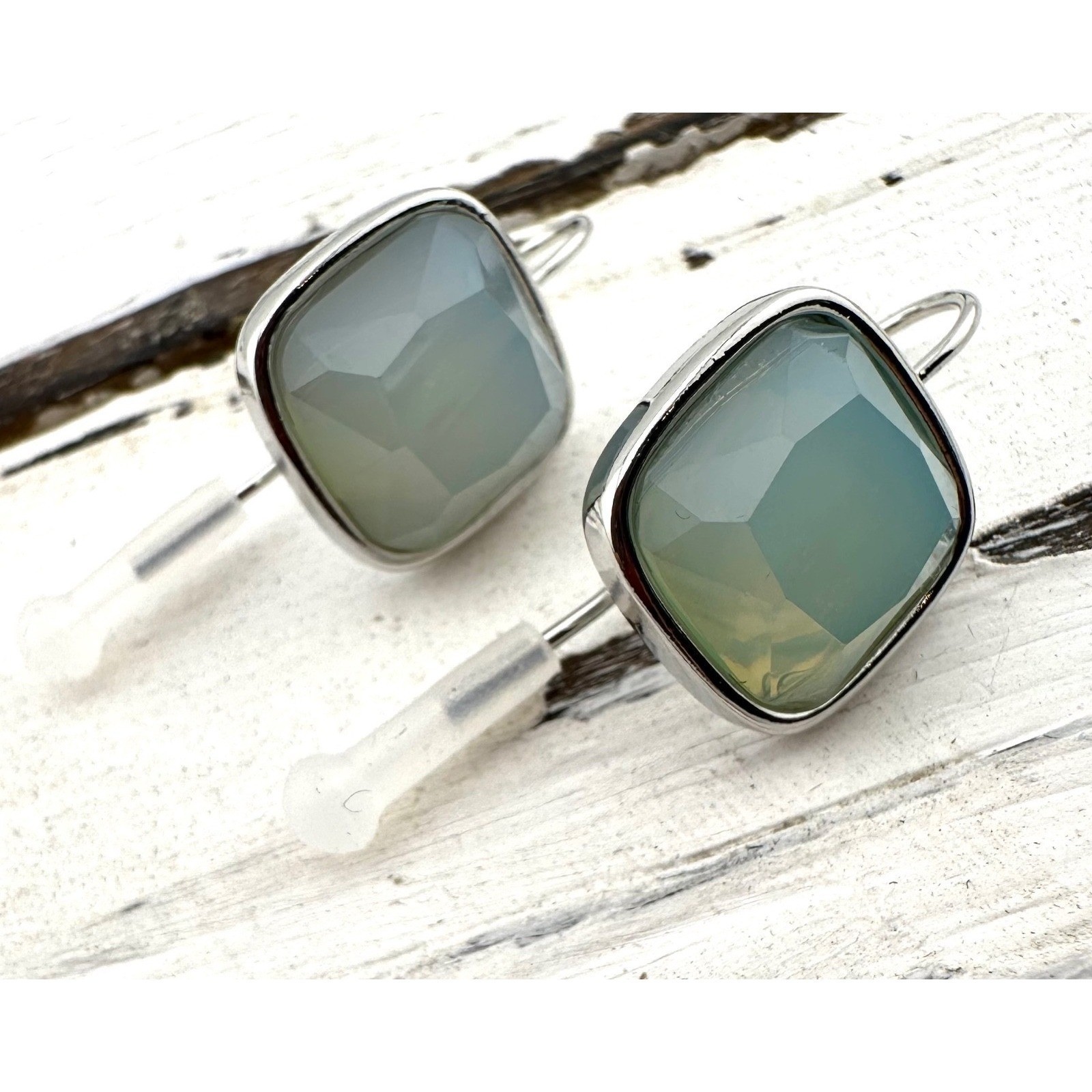 Sea Glass Faceted Acrylic Earrings on Silver Tone Ear Wires
