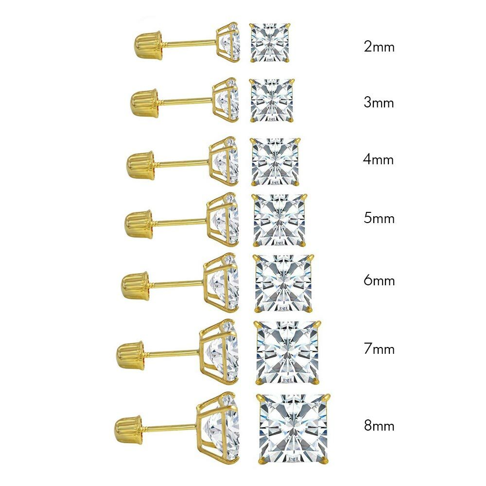 10K YELLOW GOLD STUD EARRINGS W/ .50 CT SIMULATED DIAMONDS PRINCESS SCREW BACK