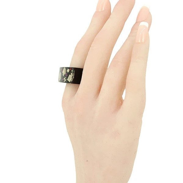 CHANEL Coco Mark Ring Logo Plastic Black Vintage Icon Camellia No.5 Women