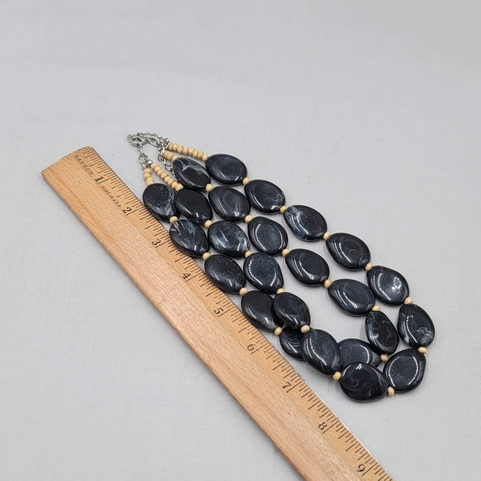 Flat Black Acrylic Bead Necklace Double Strand Silver tone Adj 16″-18″