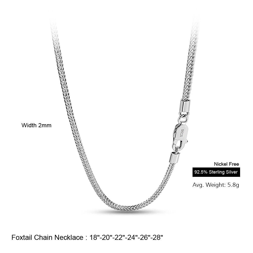 Solid 925 Sterling Silver Foxtail Chain Necklace Thickness 2mm Length 18″-28″