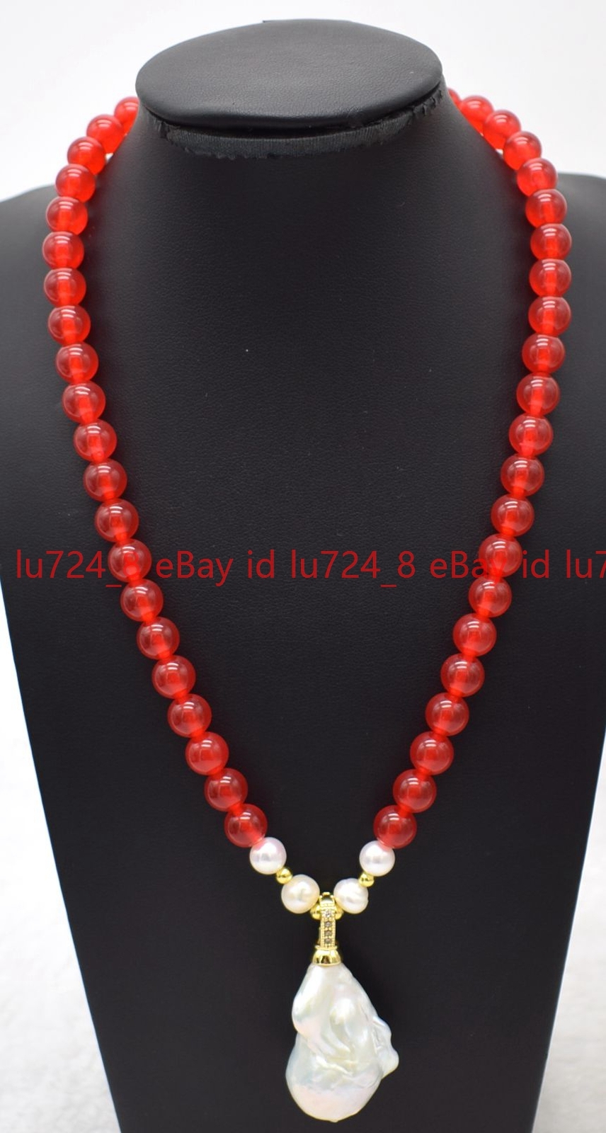 Natural 6-12mm Red Jade Round Gems Beads &White Baroque Pearl Pendant Neckalce