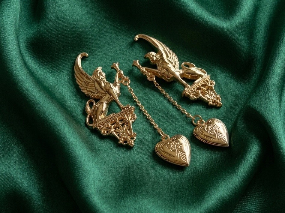 Medieval Earrings Wings Griffin Cherub Heart Antique VTG Gold Victorian Museum