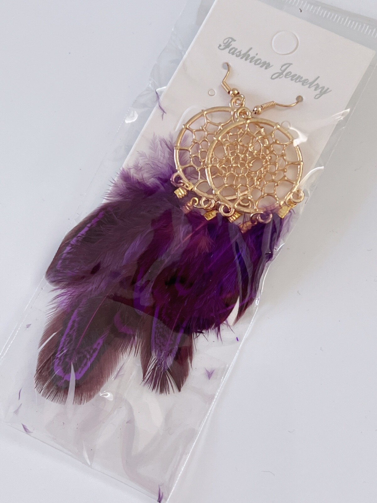 NEW Women Boho Ethnic Dark Purple Feather Dream Catcher Net Dangle Drop Earrings