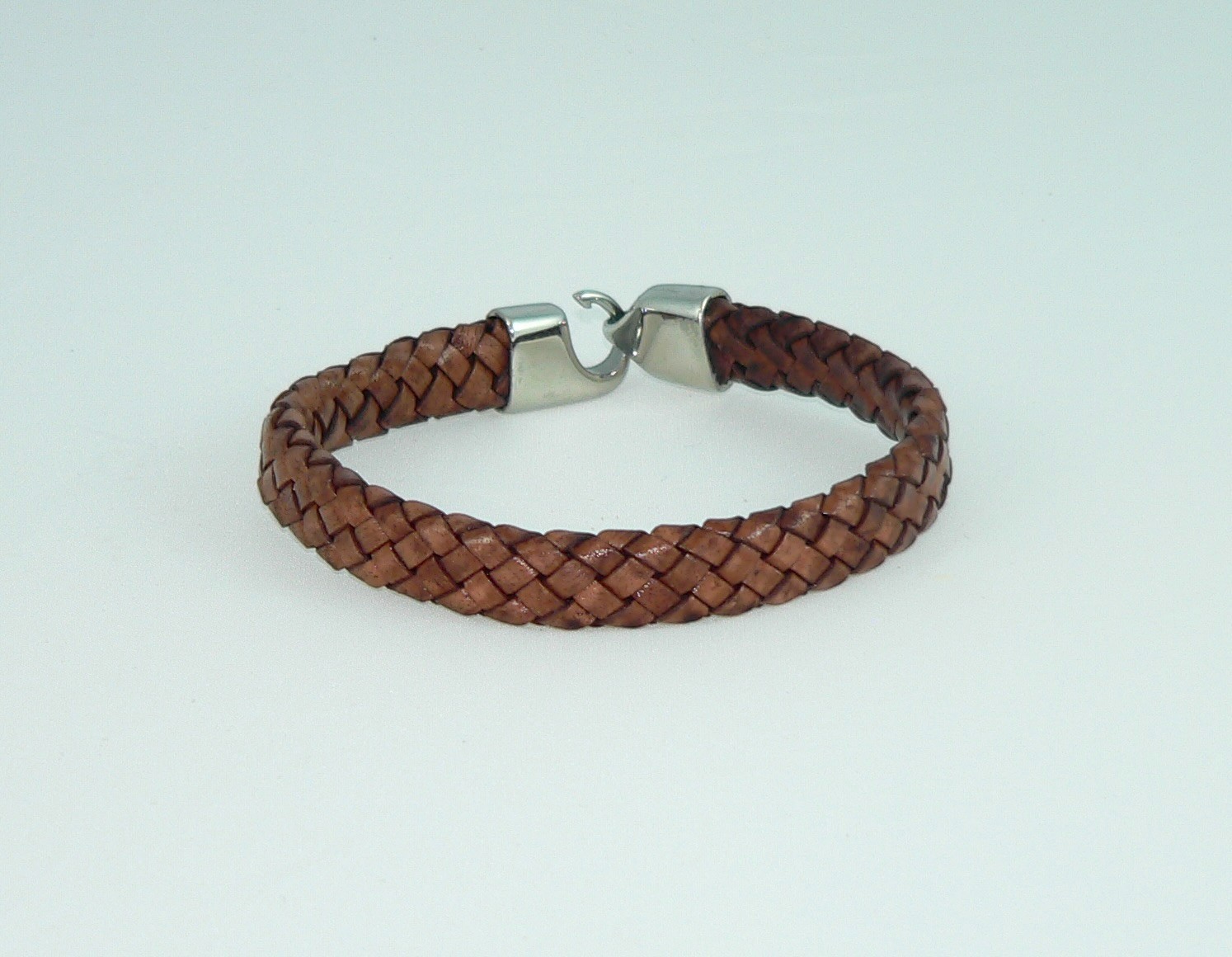 Men’s Flat Braided Brown Leather Bracelet with Stainless Steel Clasp, 7-10″