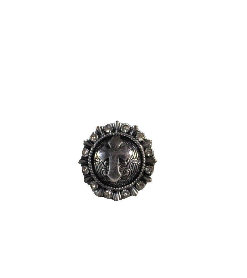 Western Womens Ring 1.25 in Cross Stretch Round Crystal Silver Cowgirl Rodeo