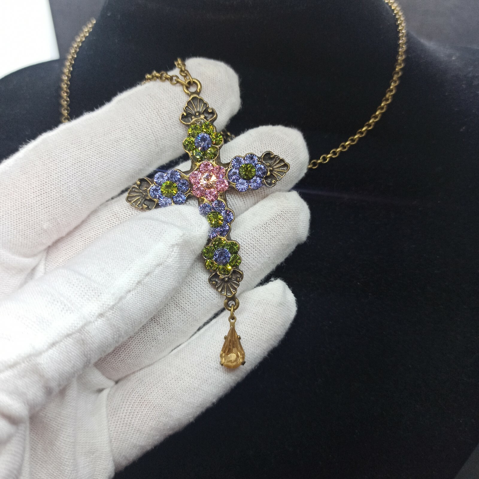 Michal Negrin Cross Necklace Purple Flower Pendant & Swarovski Crystals Gift New