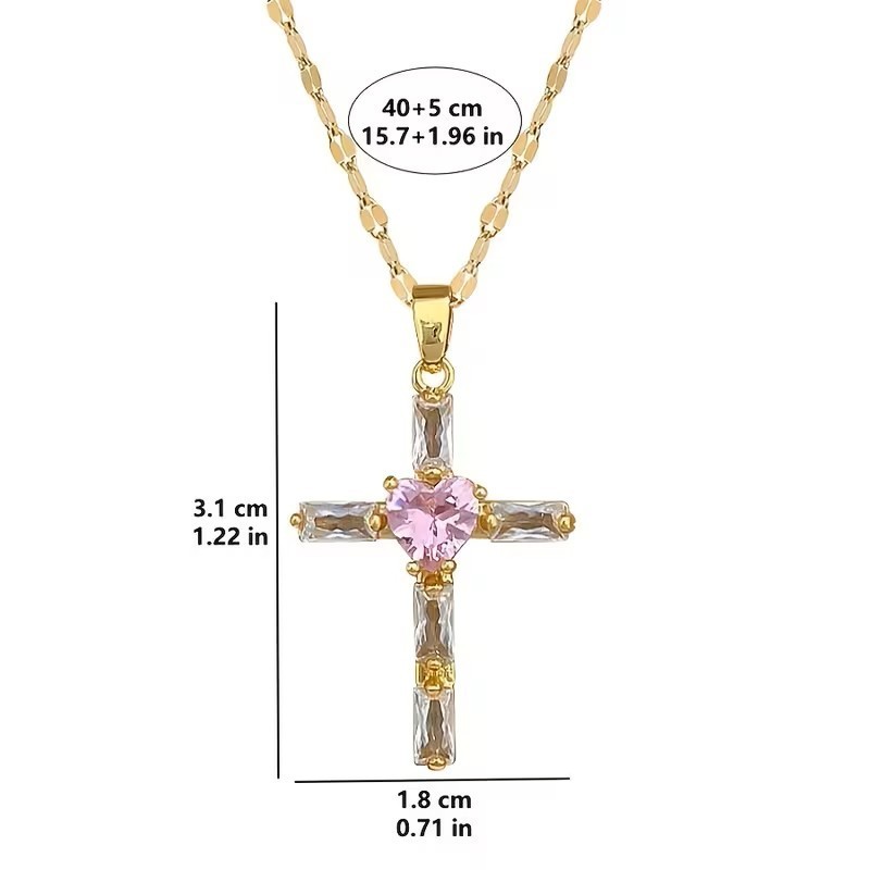 Gold Tone Cross Necklace Pink Heart Crystal Pendant Faith Christian Jewelry Gift