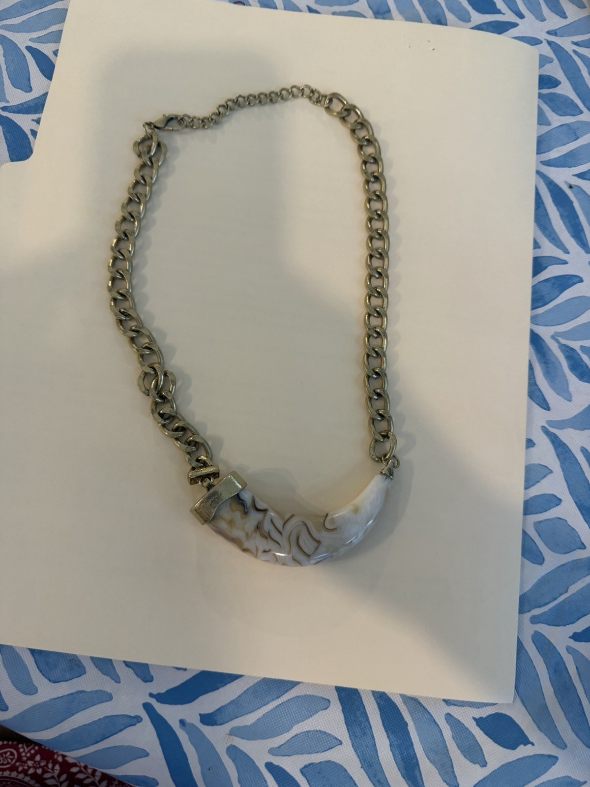 Silver Tone Curb Link Chain Necklace with White Acrylic Crescent Charm Pendant