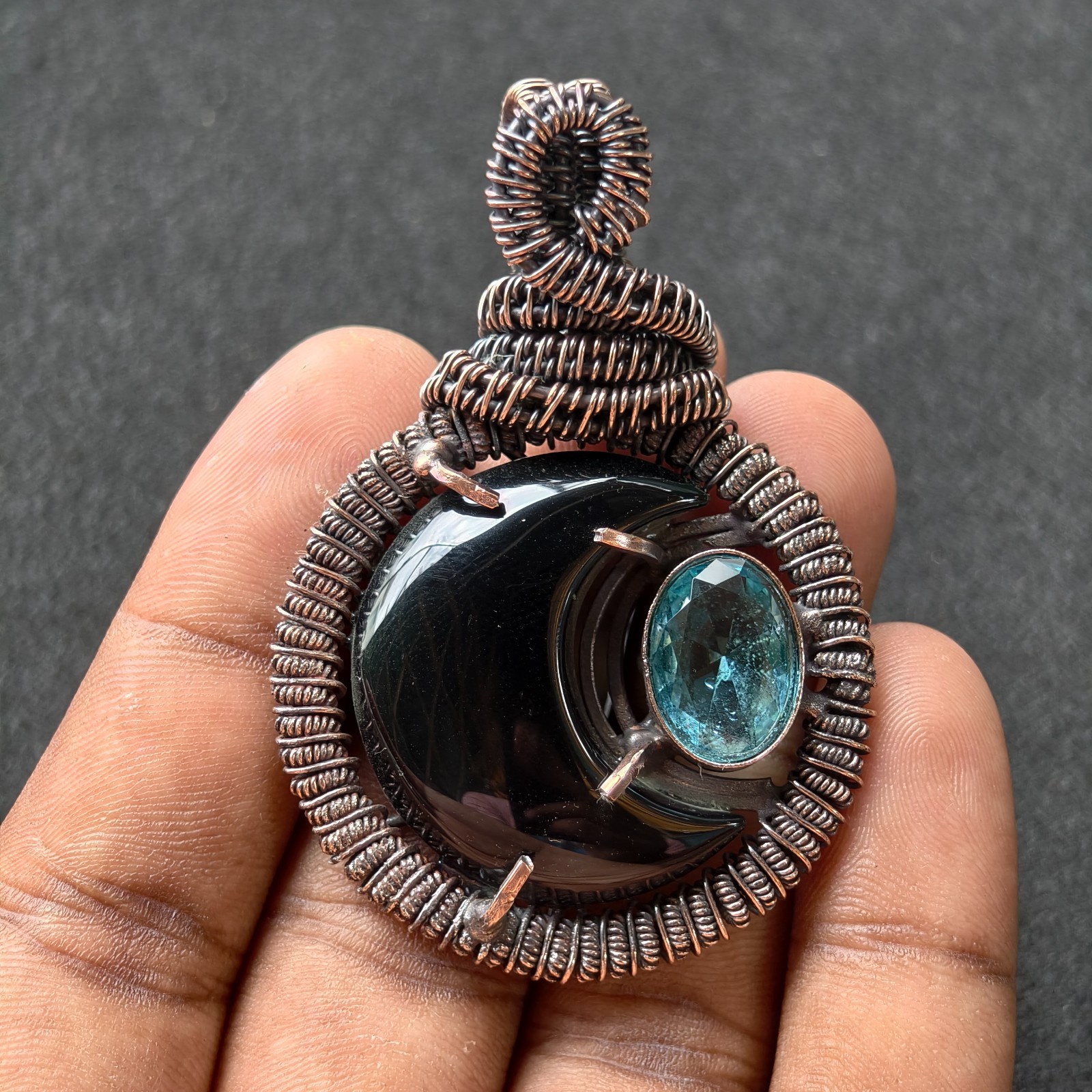 Copper Wire Wrapped Crescent Moon Pendant, Black Onyx & Blue Topaz Necklace