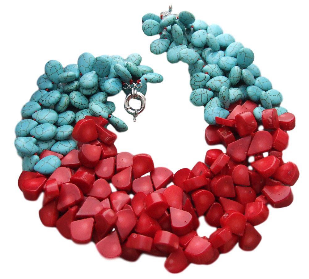 3Strds blue Turquoise red Coral Necklace 19″