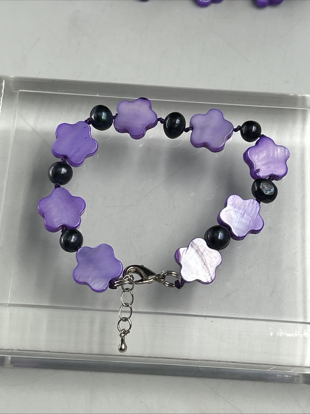 Boho Purple Flower Glass Bead Briolette Necklace 35 in And Bracelet