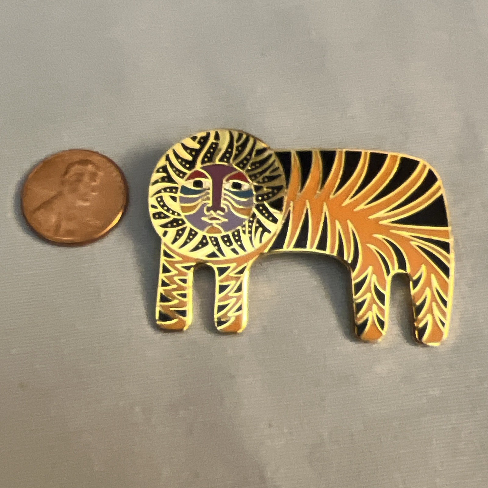 1980s Vtg. Laurel Burch “TIGRE” brooch gold-tone metal orange & black cloisonné