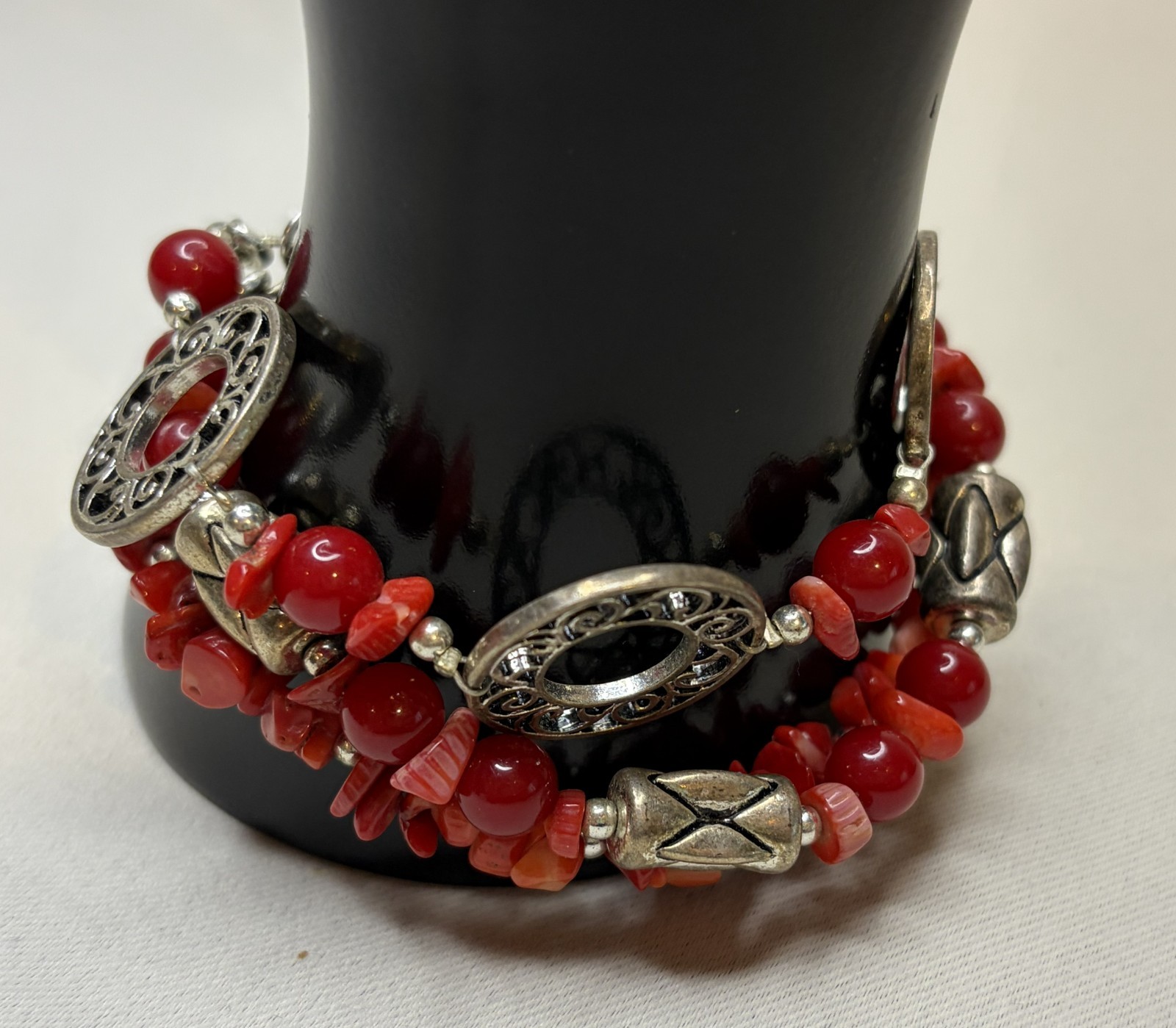 Signed Chico’s Multi Strand Red Coral Chip Bead Toggle Bracelet Silver Tone 8″