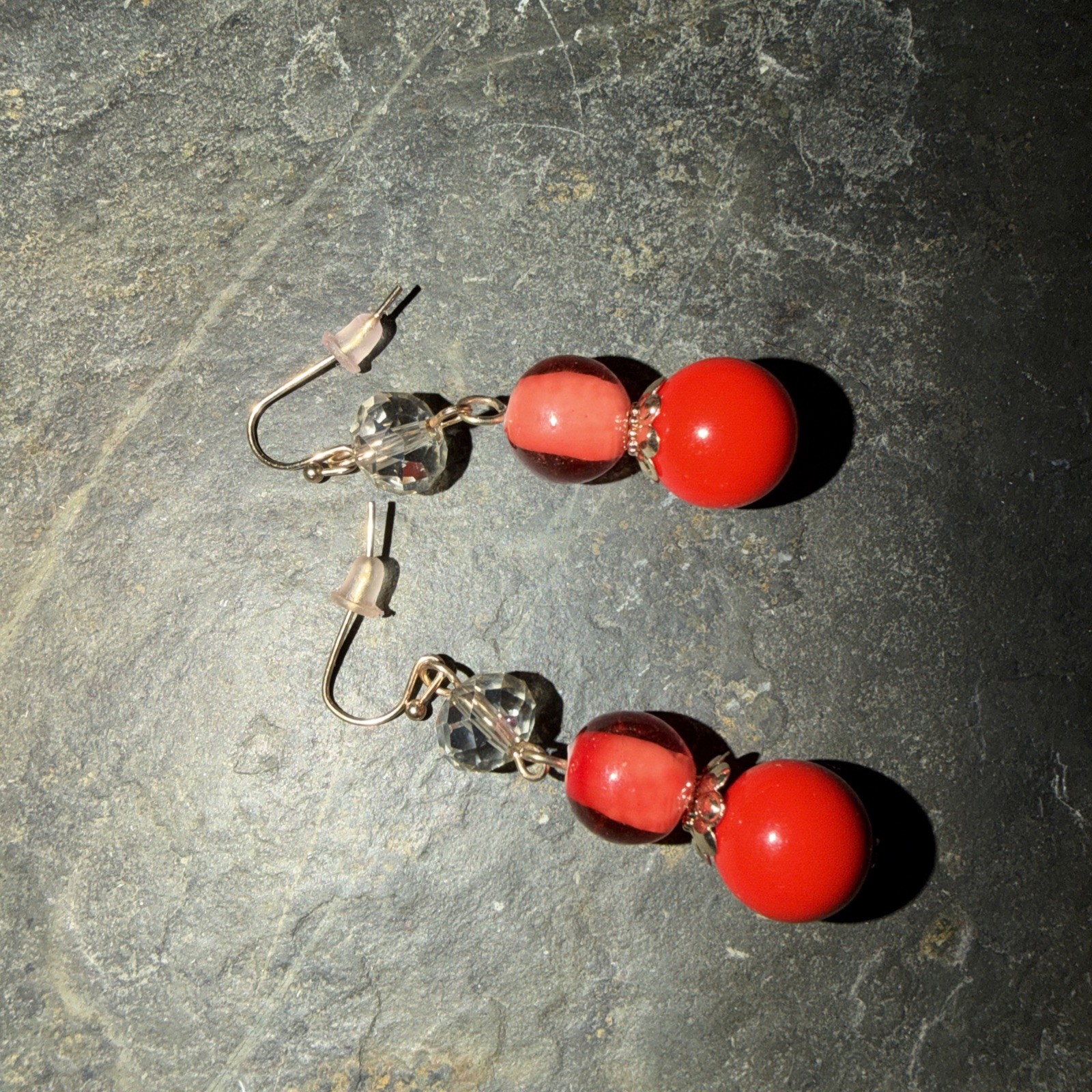 Red Bead Drop Dangle Earrings Clear Faceted Crystal Bead Pierced Fishhook